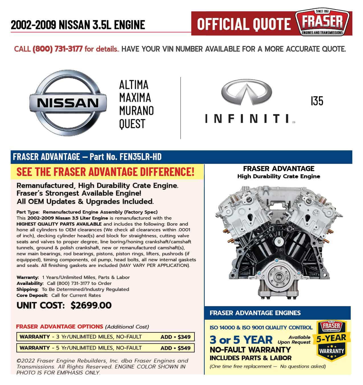 3.5L Engine For 2011 Nissan Quest, Vin A.