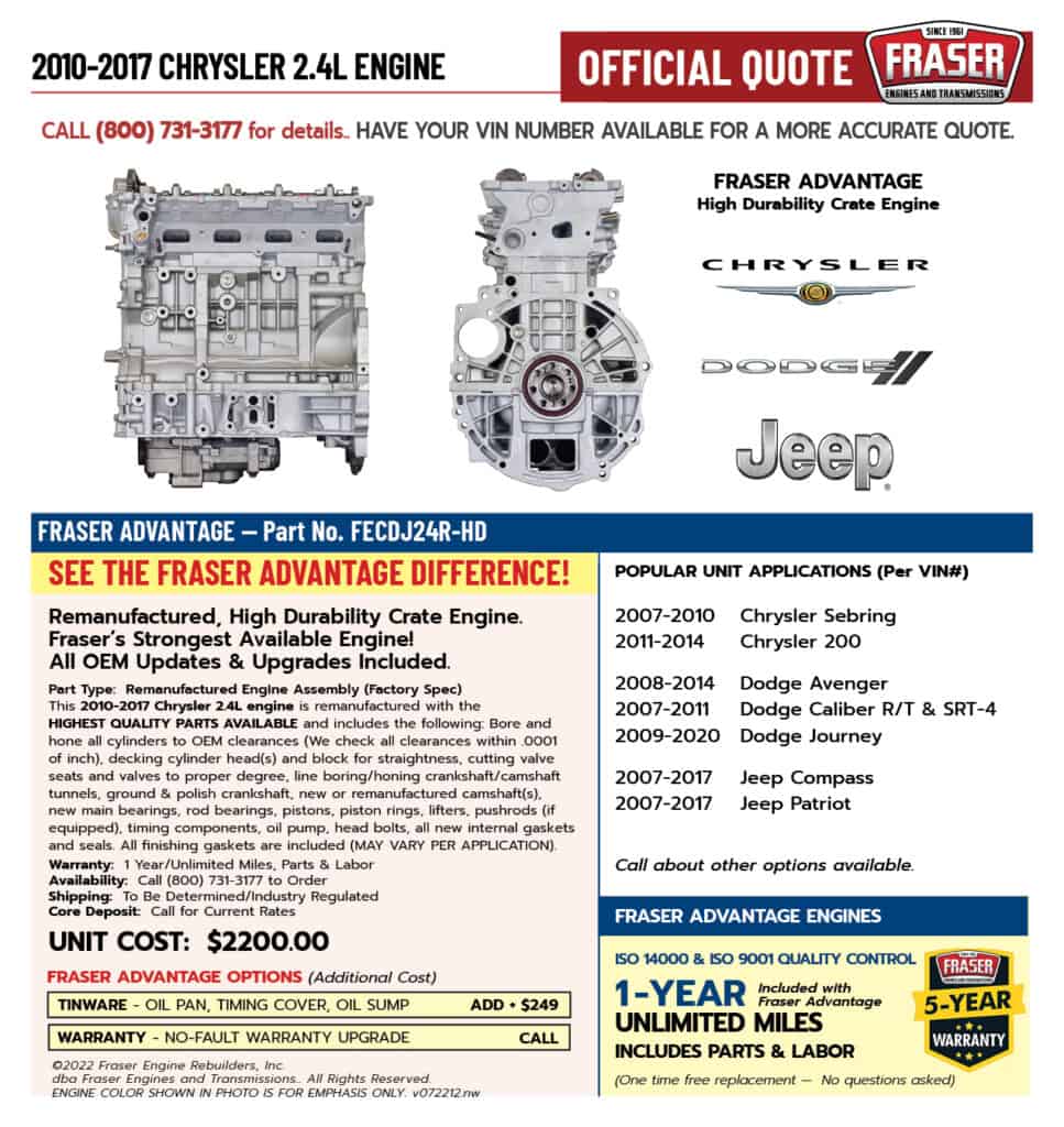 2.4L Chrysler/Dodge/Jeep Engine Fraser Engines and Transmissions