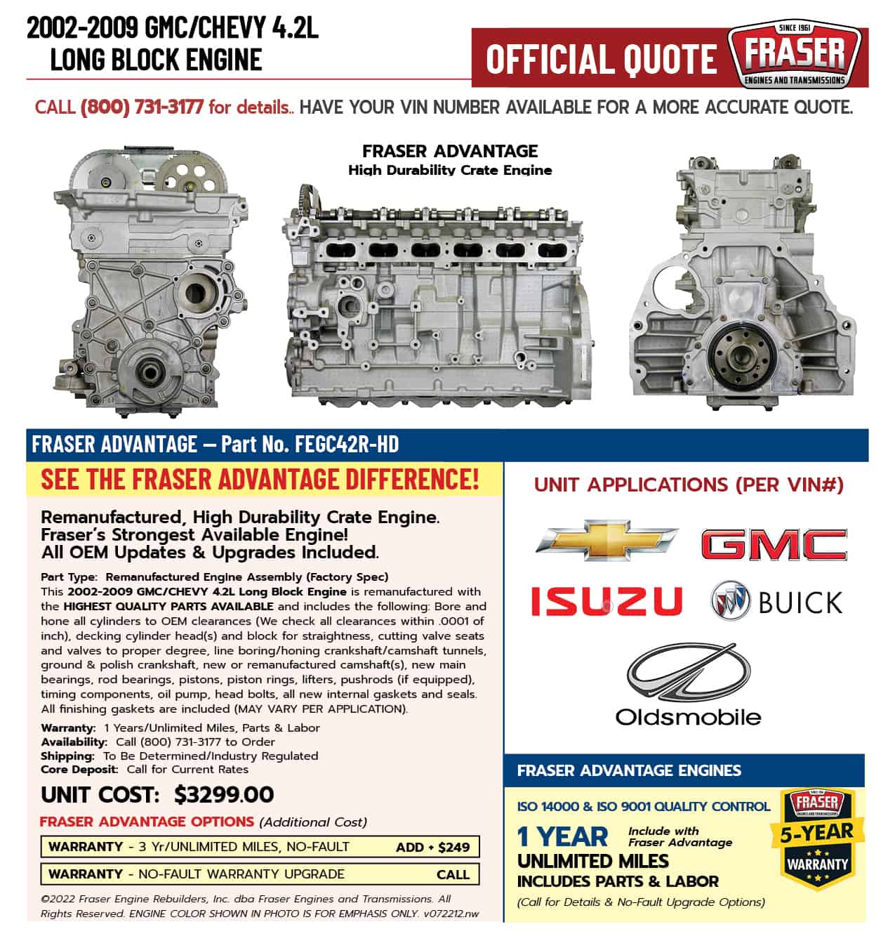2002-2009 GMC Chevy 4.2 Liter Long Block Engine