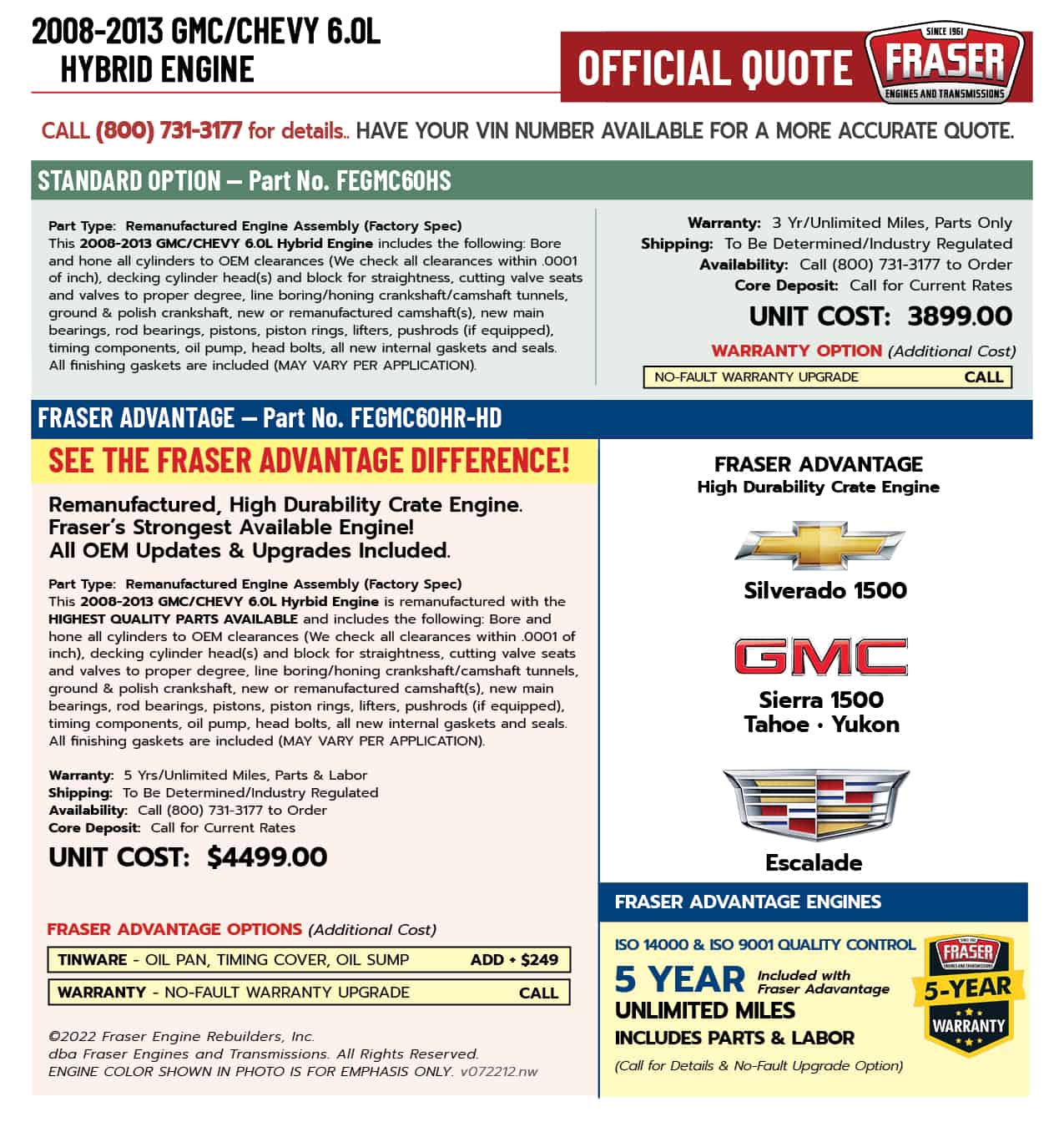 2008-2013 GMC/Chevy 6.0 Liter Hybrid Engines (Silverado 1500, Sierra 1500, Tahoe, Yukon, Escalade)